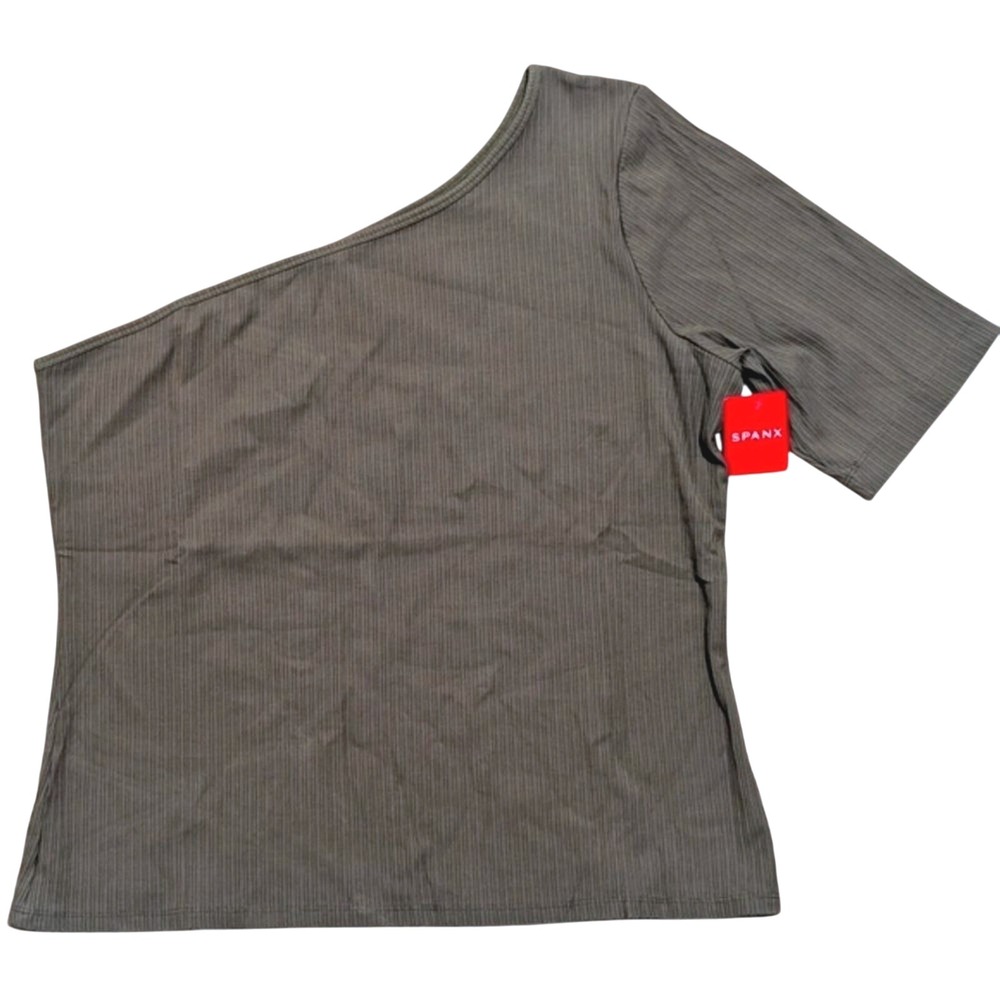 SPANX Plus Size 1X One Shoulder Ribbed Top Asymmetrical Shirt Olive Green NWT